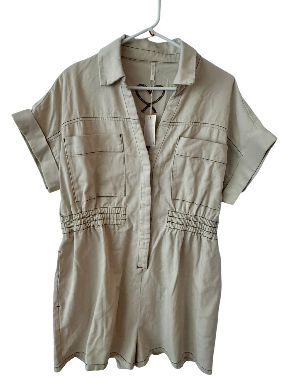 Rylee + Cru Light Khaki Utility Short Sleeve Romper size large NWT